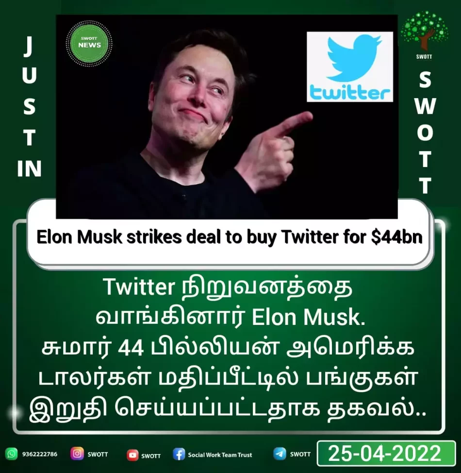 Elon Musk strikes deal to buy Twitter for $44bn